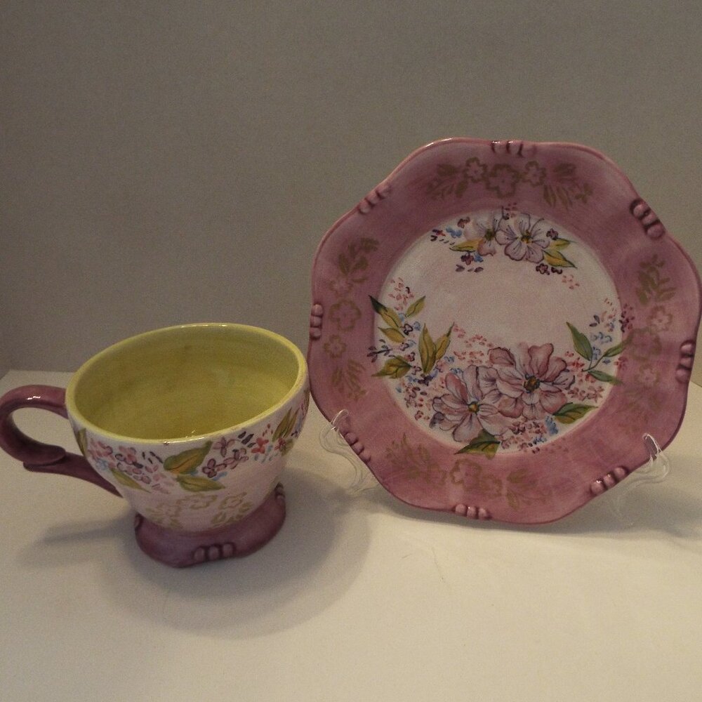 TRACY PORTER Jasmine Collection Hand Painted Ceramic Teacup and Lunch Plate
